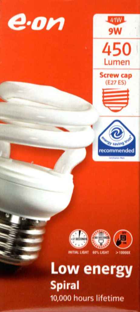 6x 9W Low Energy CFL Mini Spiral Light Bulbs; ES, E27  